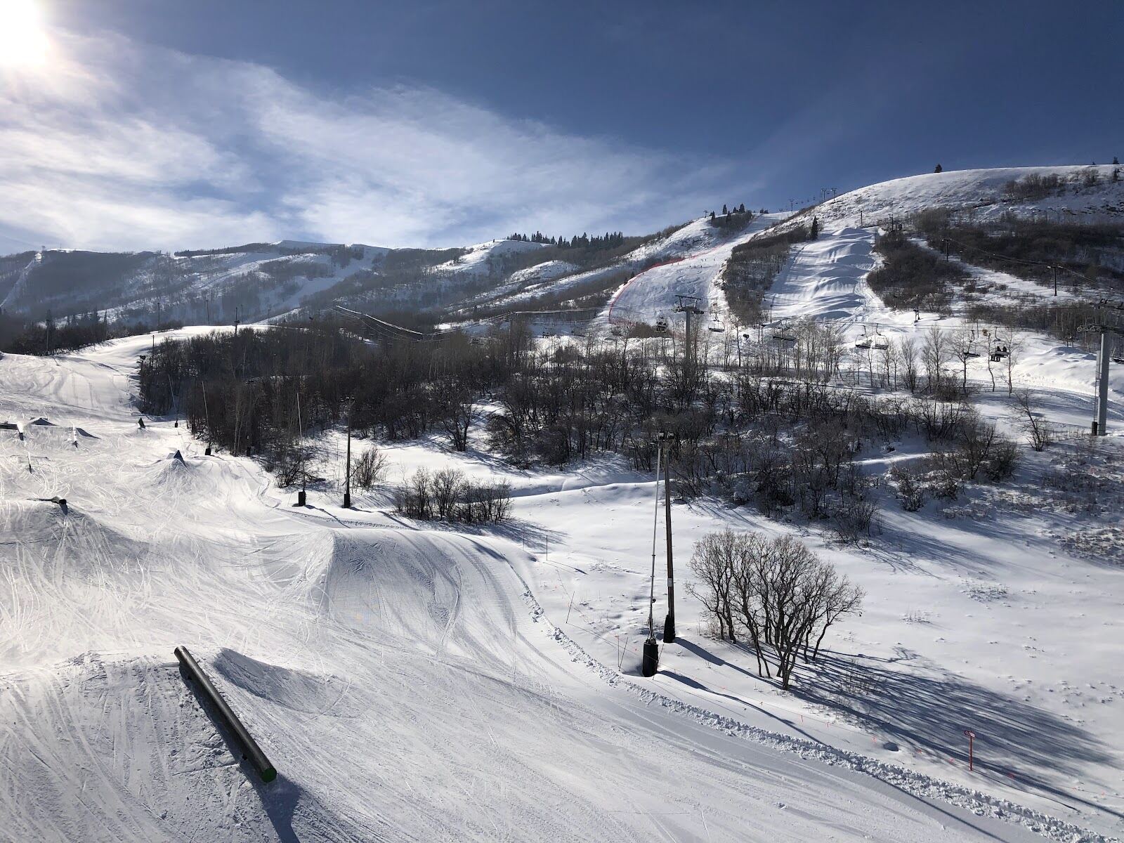 Wide groomed intermediate runs spread across the huge Park City Mountain ski area in Utah