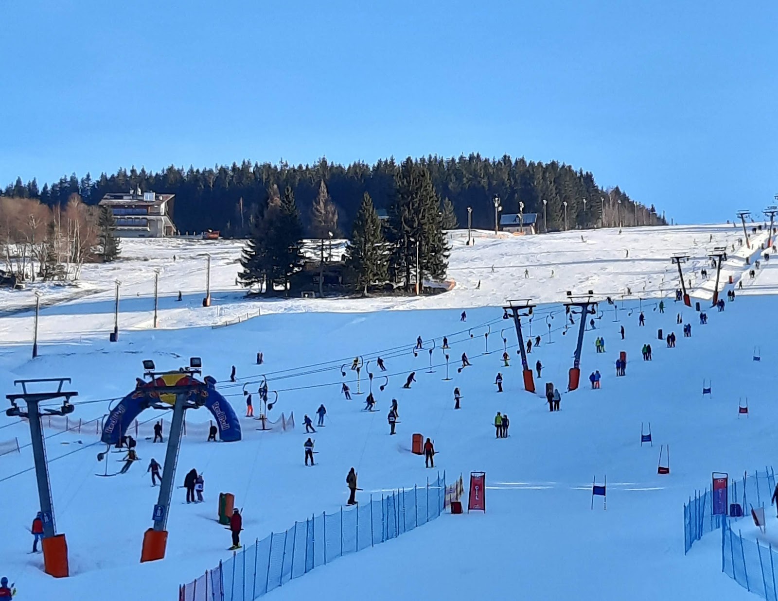 Skiers on a wide groomed blue run lined with snowy spruce