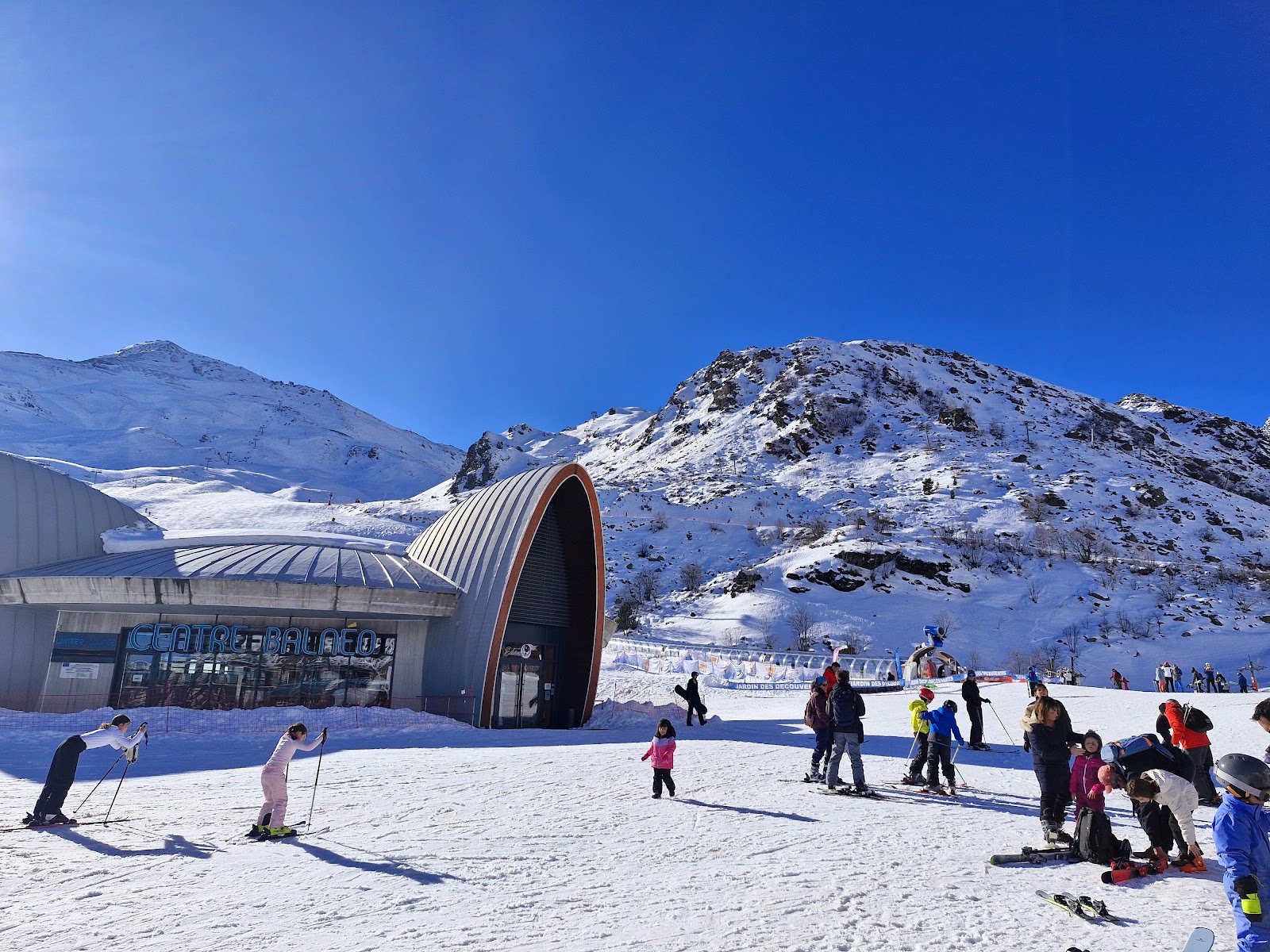 The modern ski in ski out base of Piau Engaly under snow