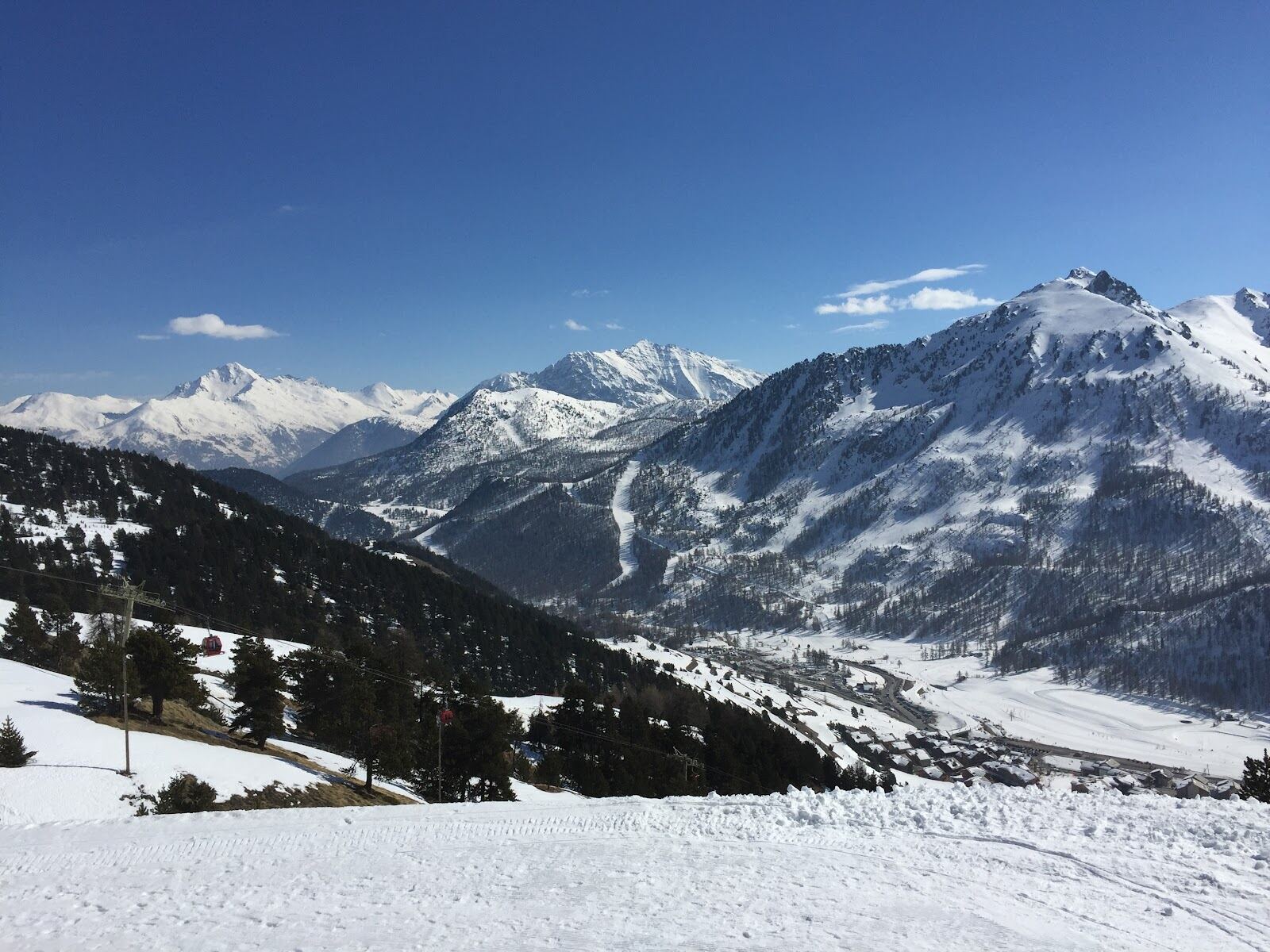 Cross country trails winding through the snowy Pragelato valley