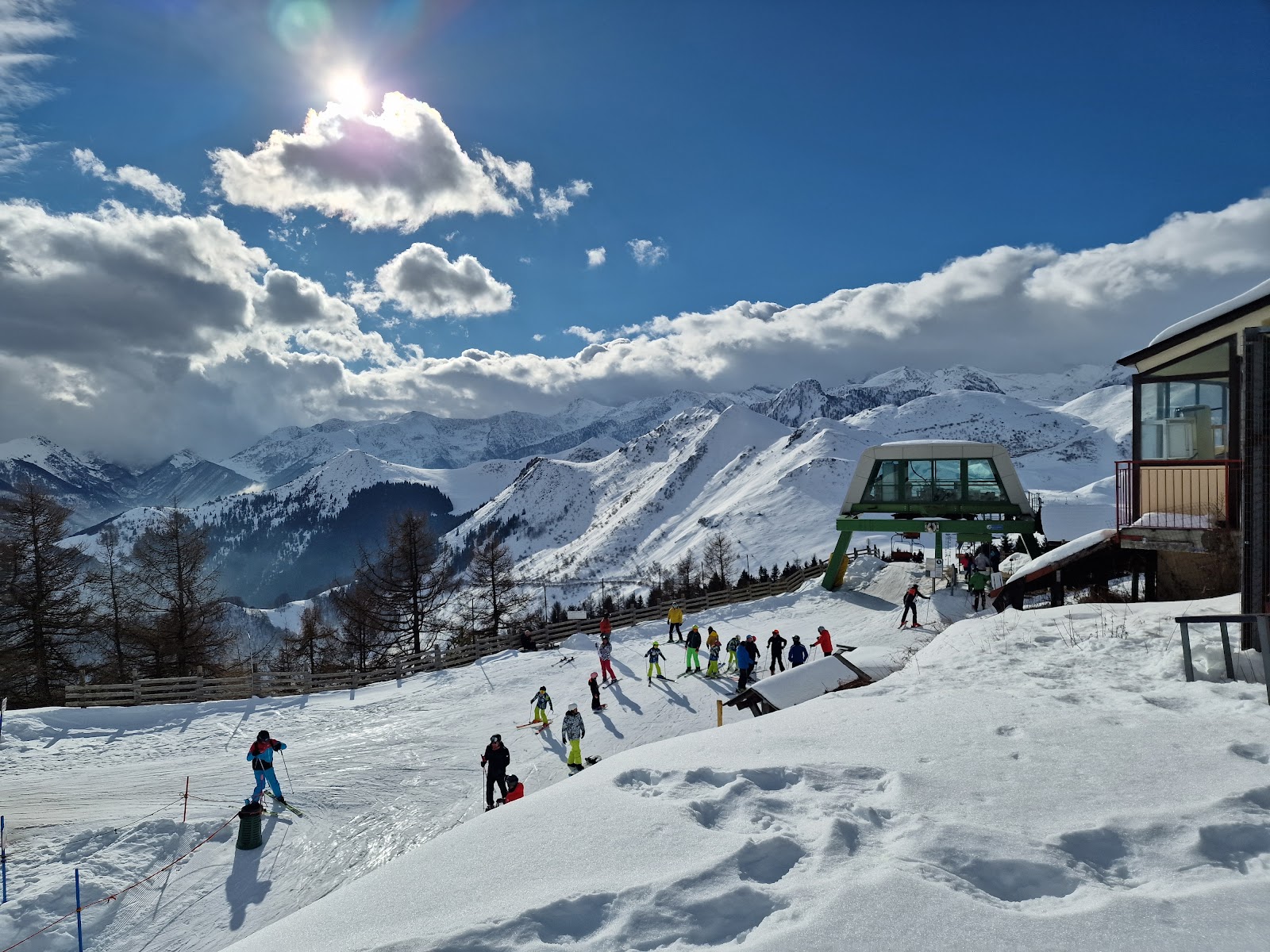 The modern apartment buildings of Prato Nevoso at the edge of the snow