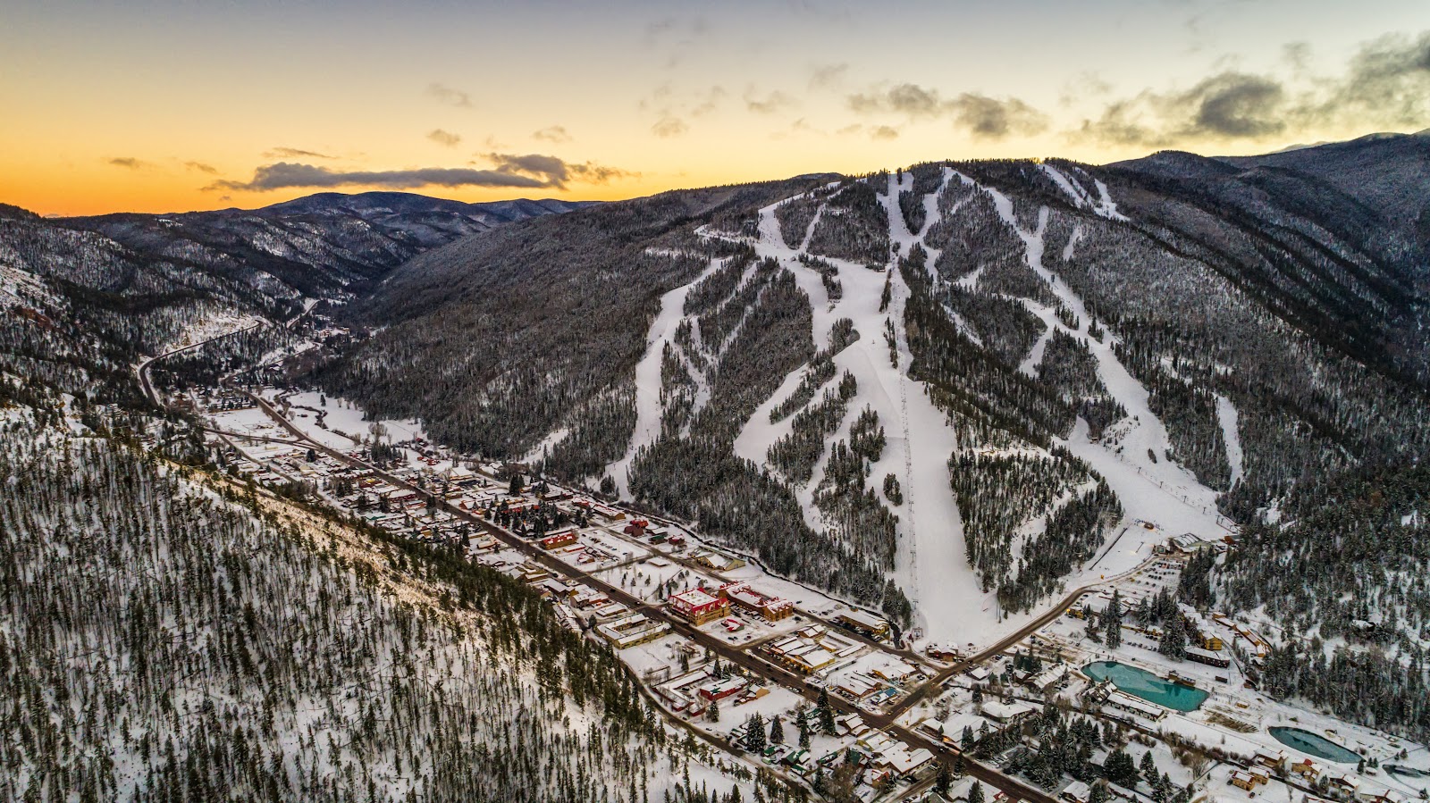 The ski in ski out town and slopes of Red River New Mexico in winter