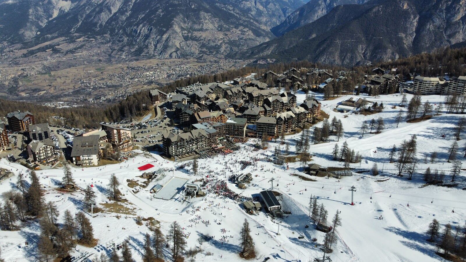 Risoul village front with apartment chalets at the snow line
