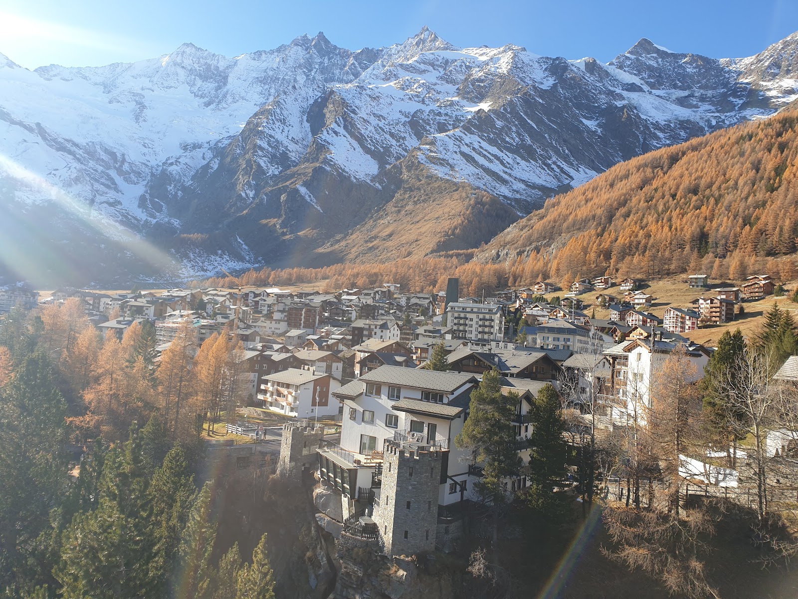 The car free glacier village of Saas Fee below thirteen snowy four thousand meter peaks