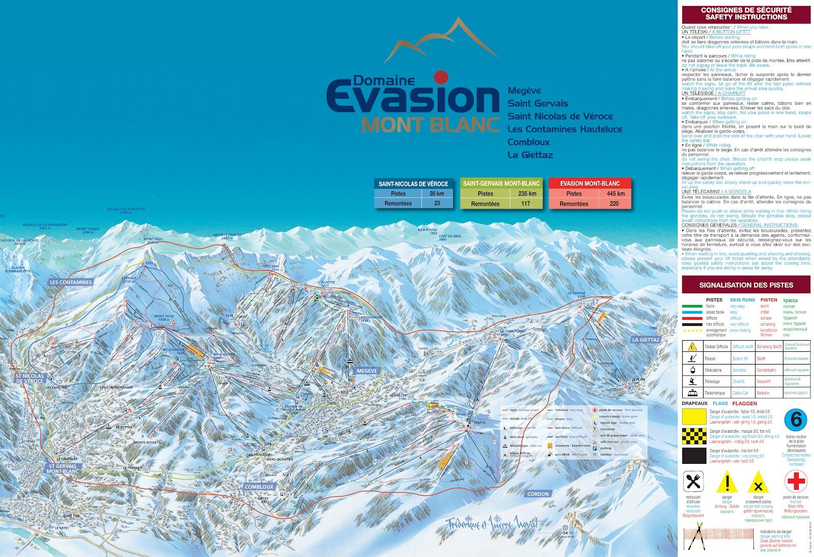 Skiers on a sunny groomed run of the Evasion Mont Blanc