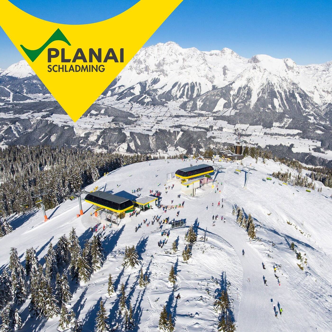 The Planai mountain above the town of Schladming under winter snow