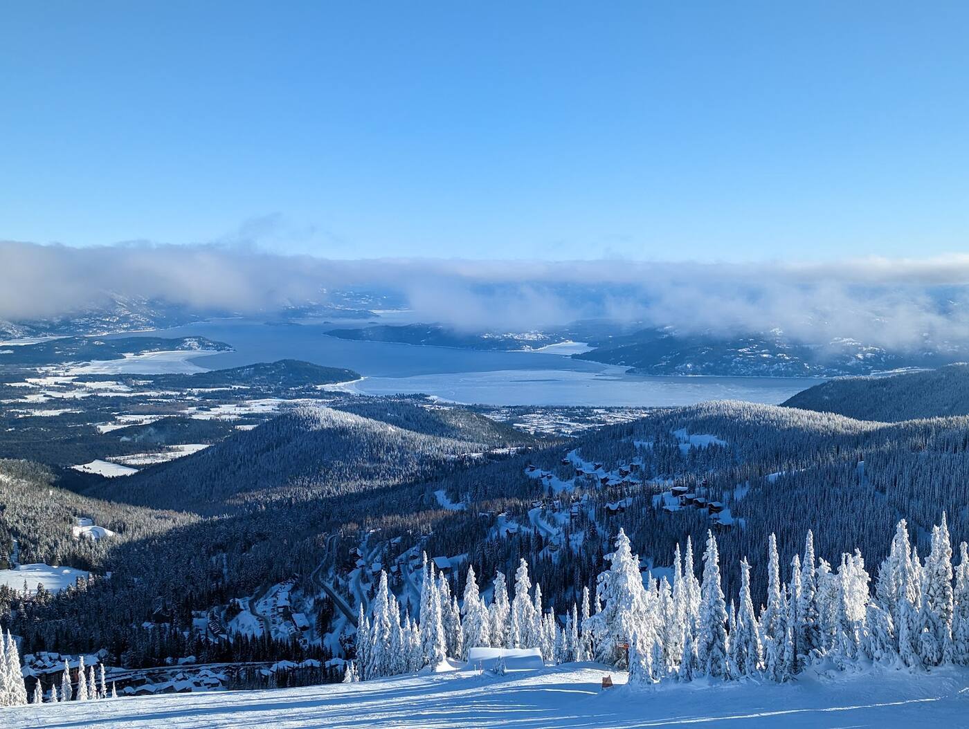 Snow covered slopes and bowls at Schweitzer above Lake Pend Oreille in Idaho