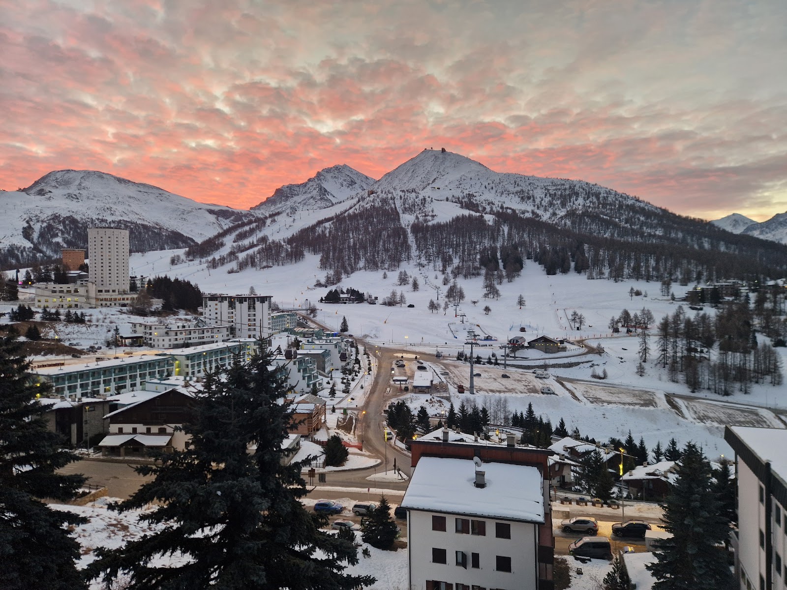 The high purpose built resort of Sestriere under snow with its landmark towers