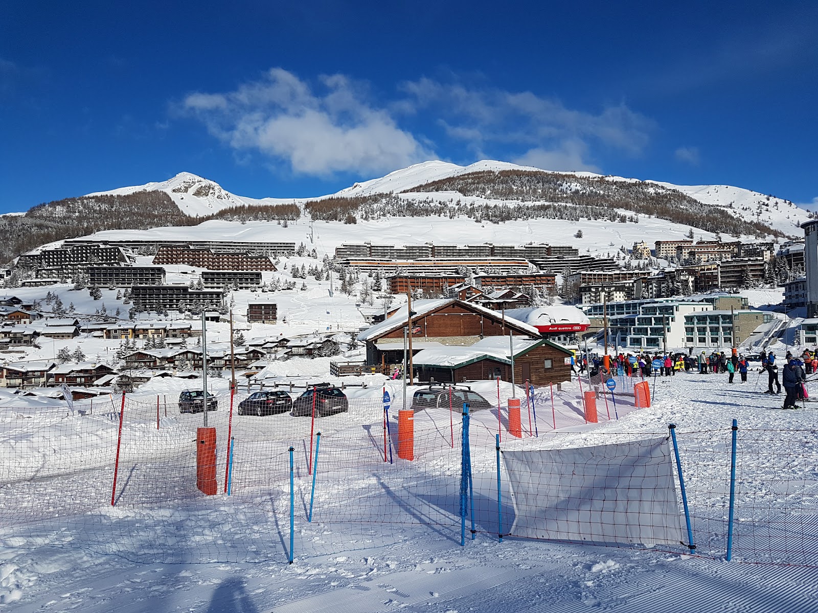 The modern village of Sestriere with its landmark round towers in snow