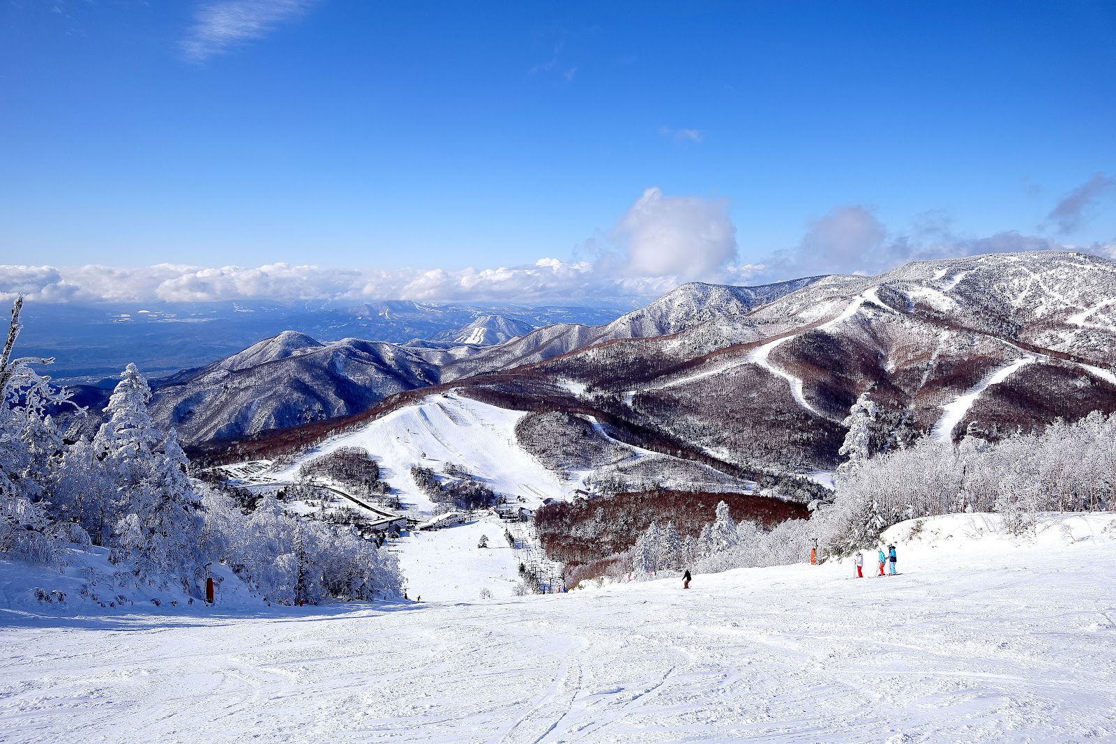 Wide snowy plateau of linked ski runs high above Nagano