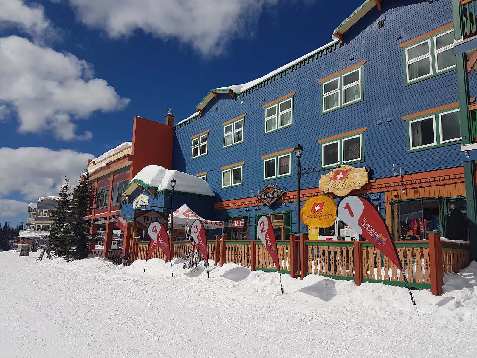 The colorful ski in ski out village at SilverStar in winter