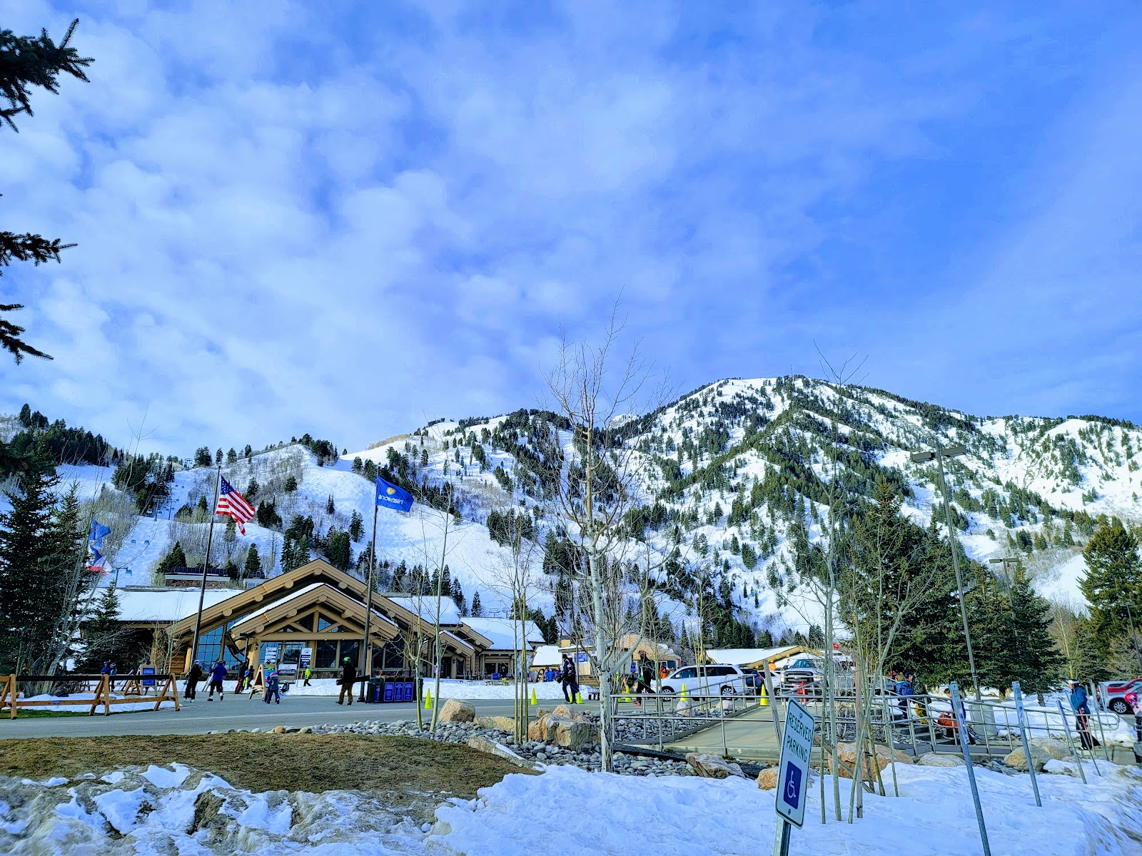 A grand stone and timber day lodge at Snowbasin