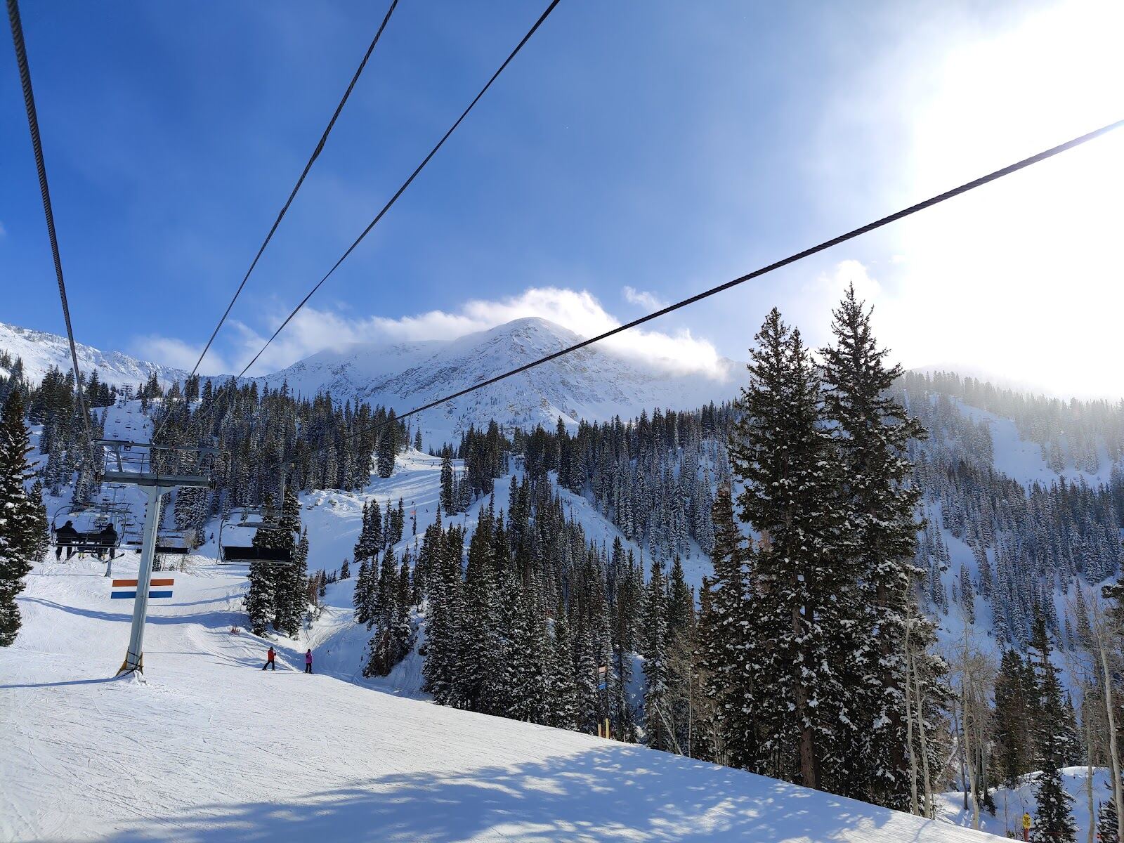 The base lodges of Snowbird beneath snow covered peaks