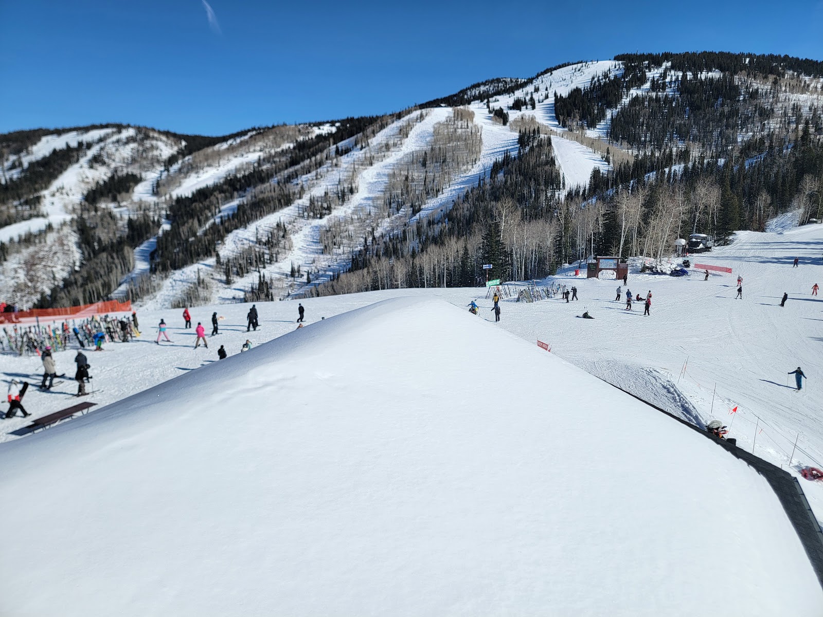 The gondola and base village at Steamboat below the ski mountain
