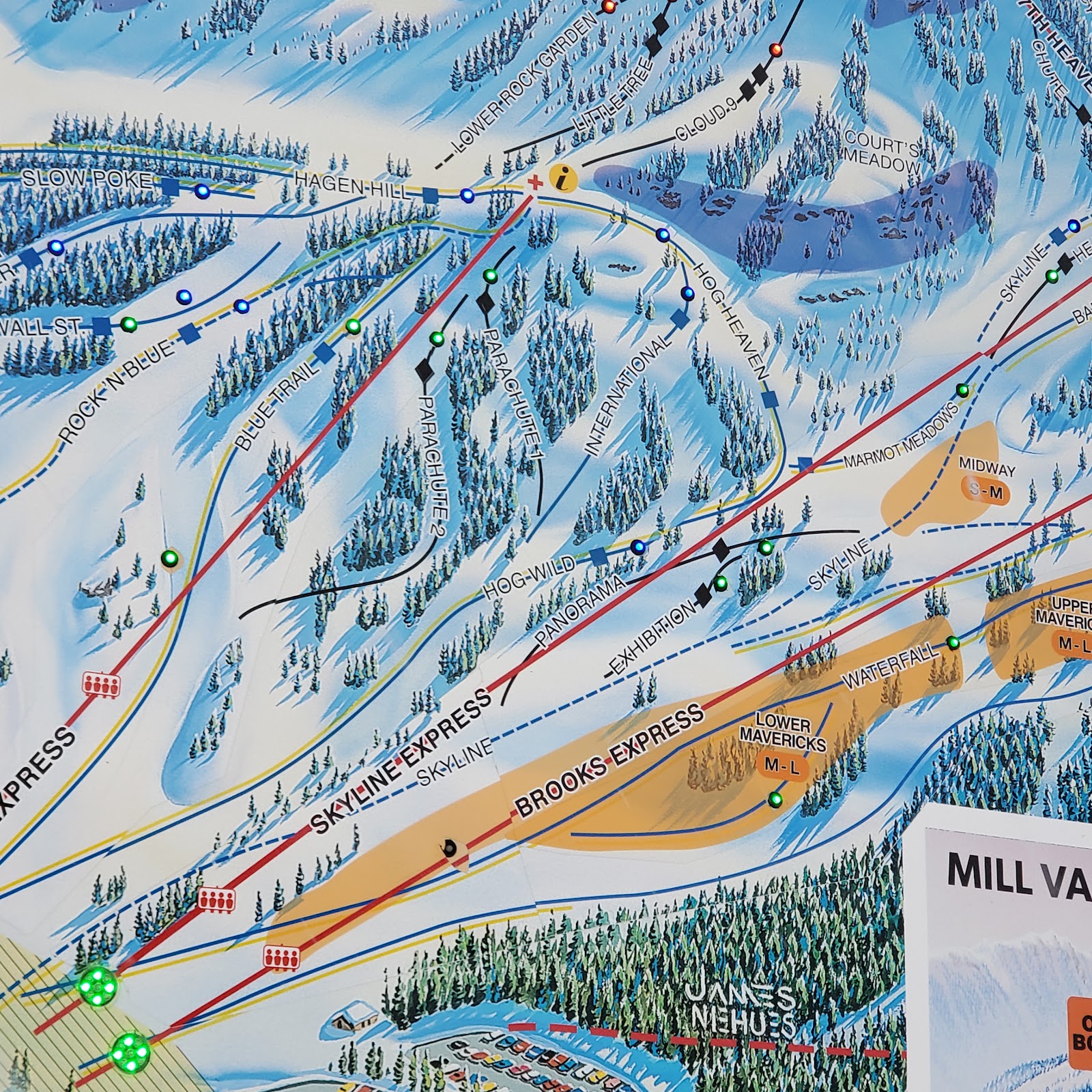 Lit pistes for night skiing at Stevens Pass after dark