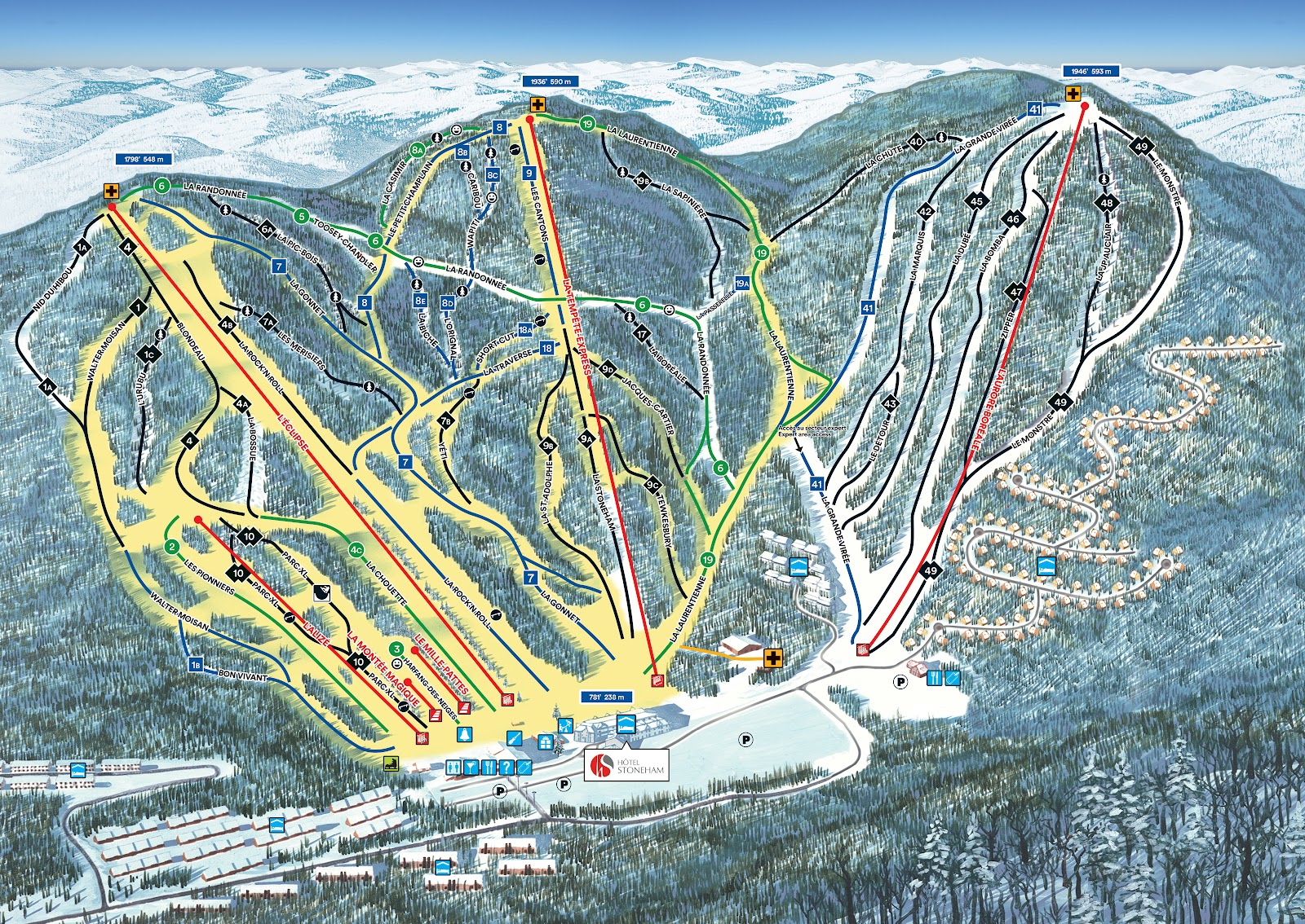 Skiers on a groomed run at Stoneham in winter