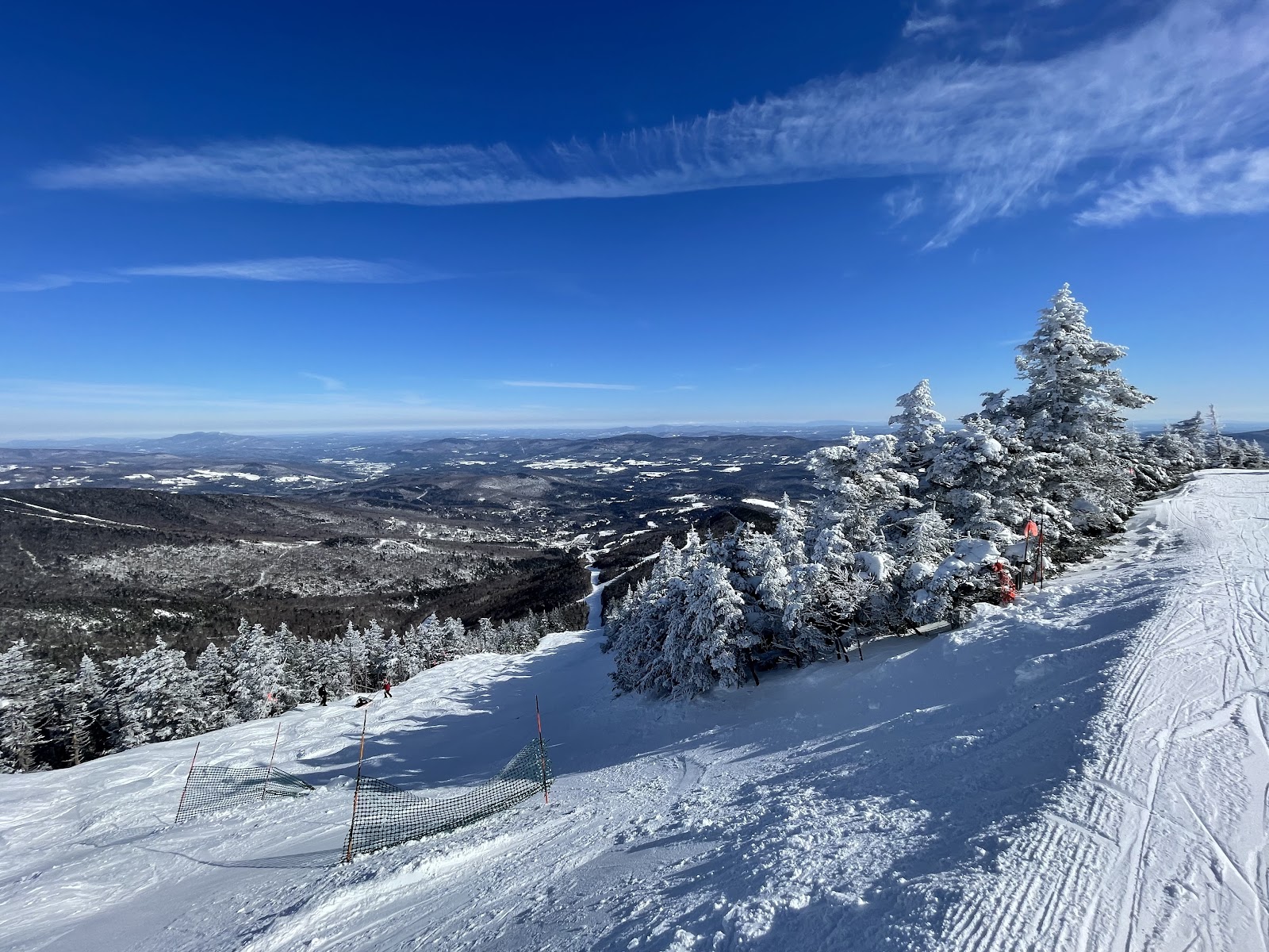 A wooded New England ski trail lined with snow covered evergreens