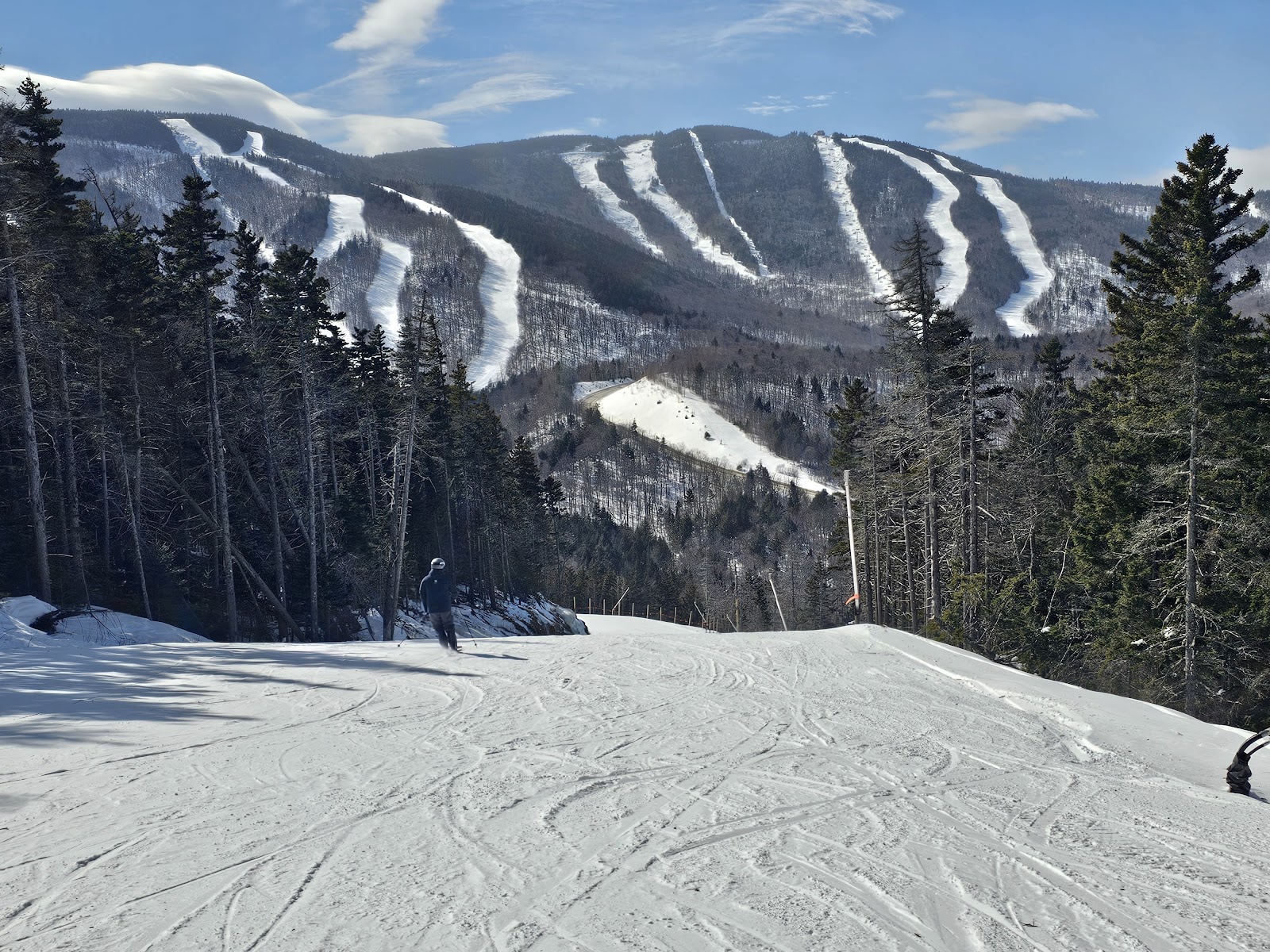 Snowy wooded ski terrain at Sunday River