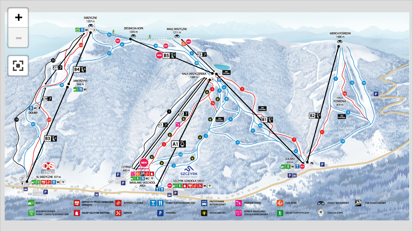 Modern chairlift rising over snowy wooded slopes at Szczyrk Mountain Resort