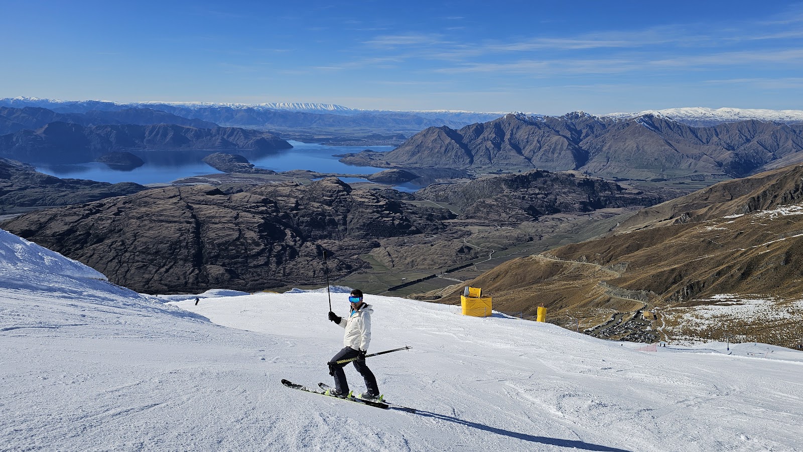 Wide open snowy basin above Lake Wanaka at Treble Cone in New Zealand