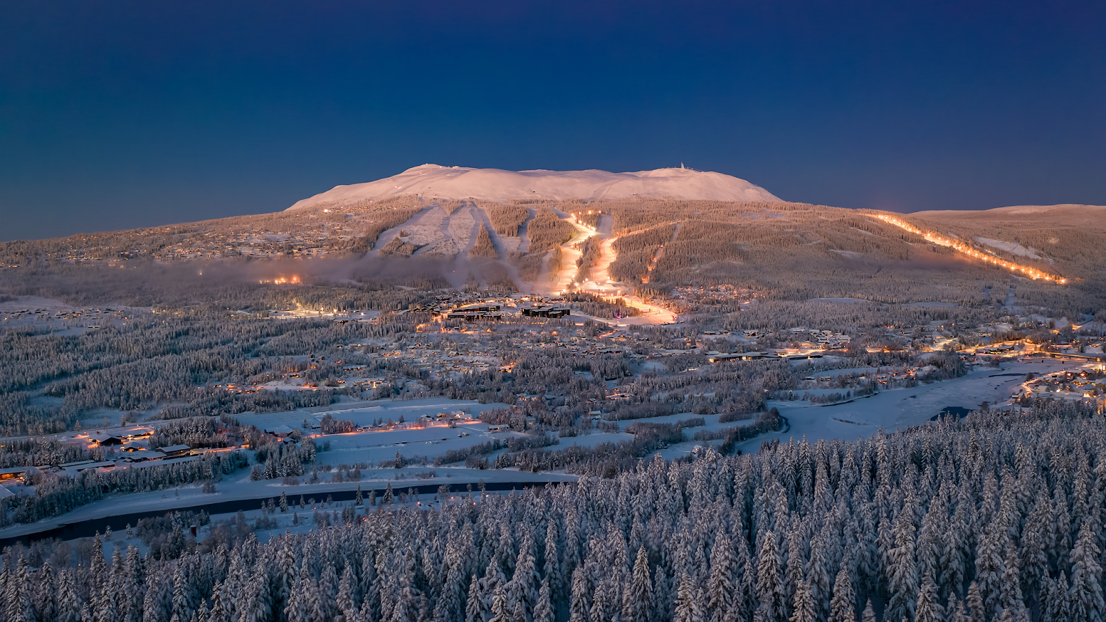 Snowy tree lined pistes wrapping the cone of Trysilfjellet, Norway largest ski resort