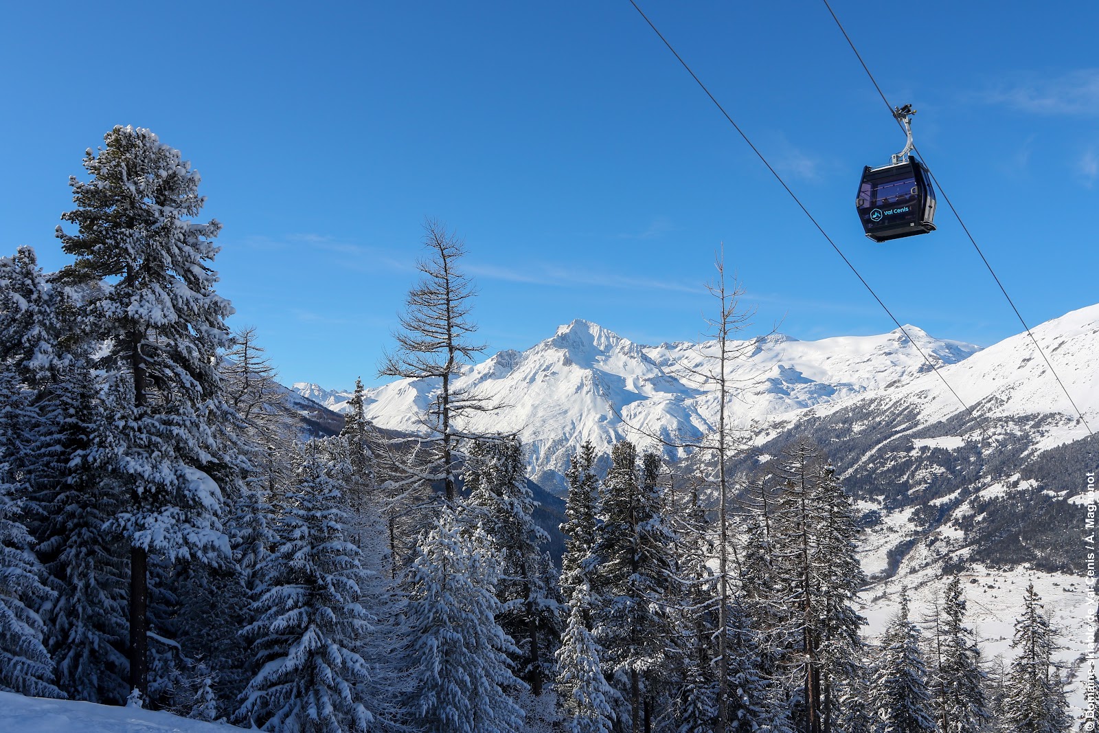 The snowy ski area of Val Cenis above the Haute Maurienne valley in the French Alps