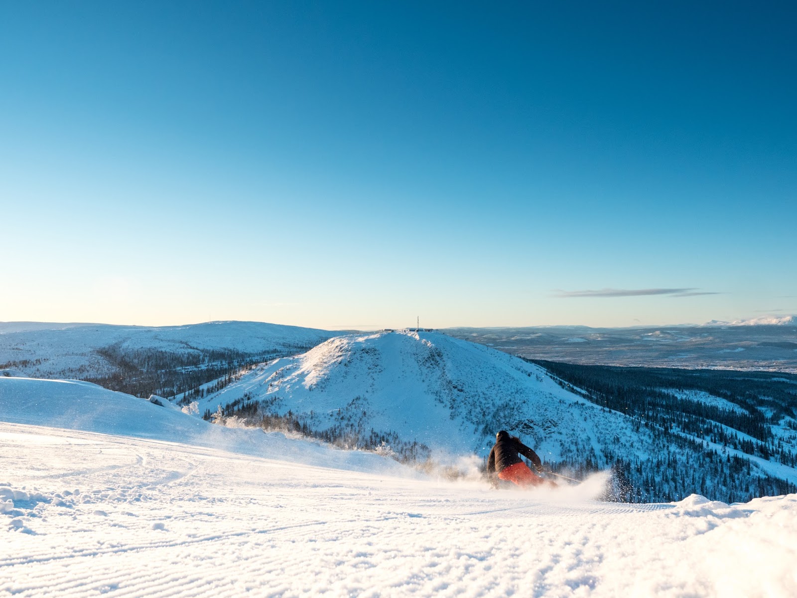 Snow covered pistes and pine forest at Vemdalen in central Sweden