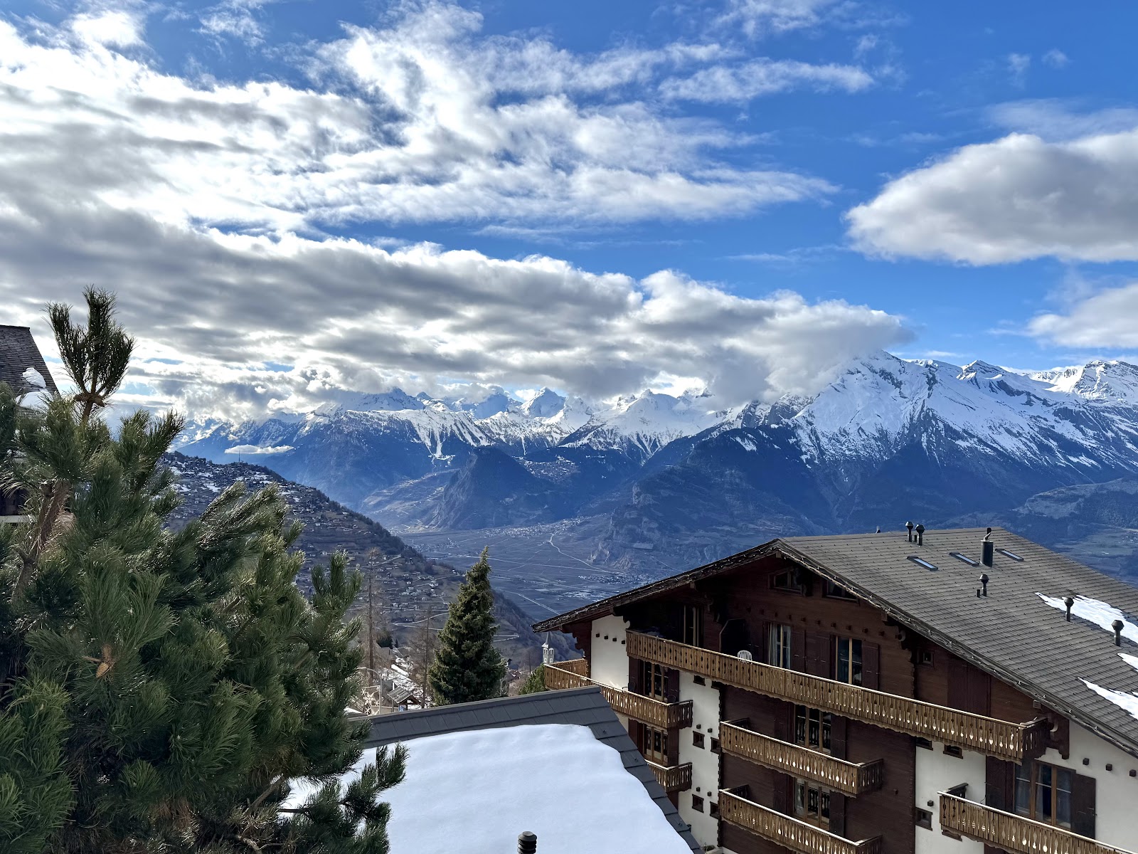 The sunny balcony village of Veysonnaz above the Rhone valley in winter