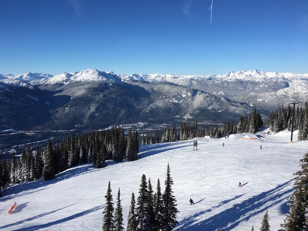 The snowy twin peaks of Whistler and Blackcomb above the village in British Columbia