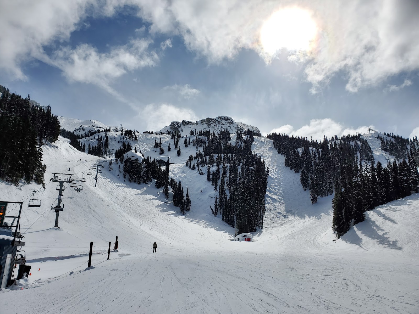 Open alpine bowls high on Whistler Blackcomb under blue sky