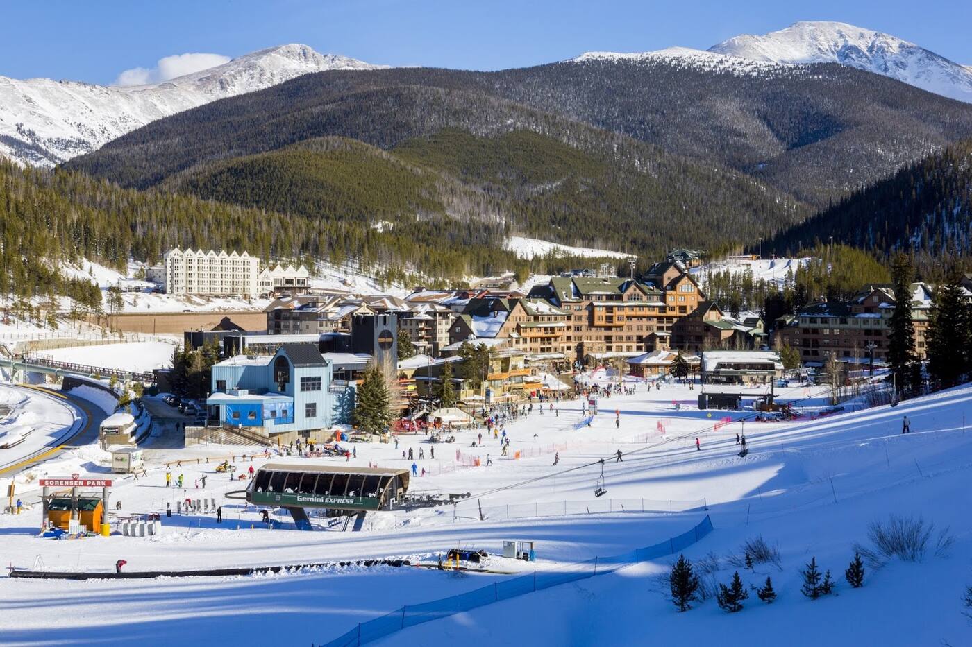 Wide groomed runs and forested ridgelines across the Winter Park ski area