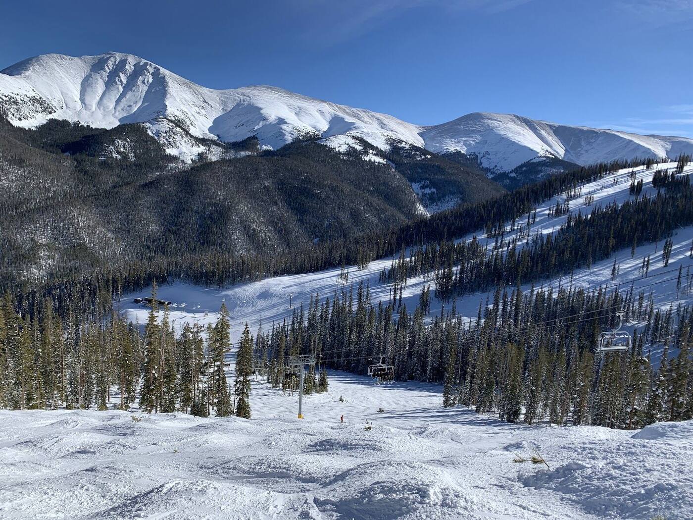 A skier dropping into a mogul field on the Mary Jane side of Winter Park