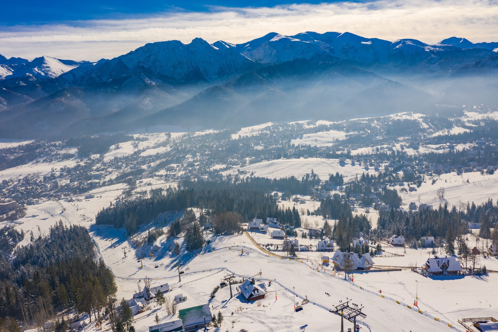 The town of Zakopane under winter snow below the High Tatras