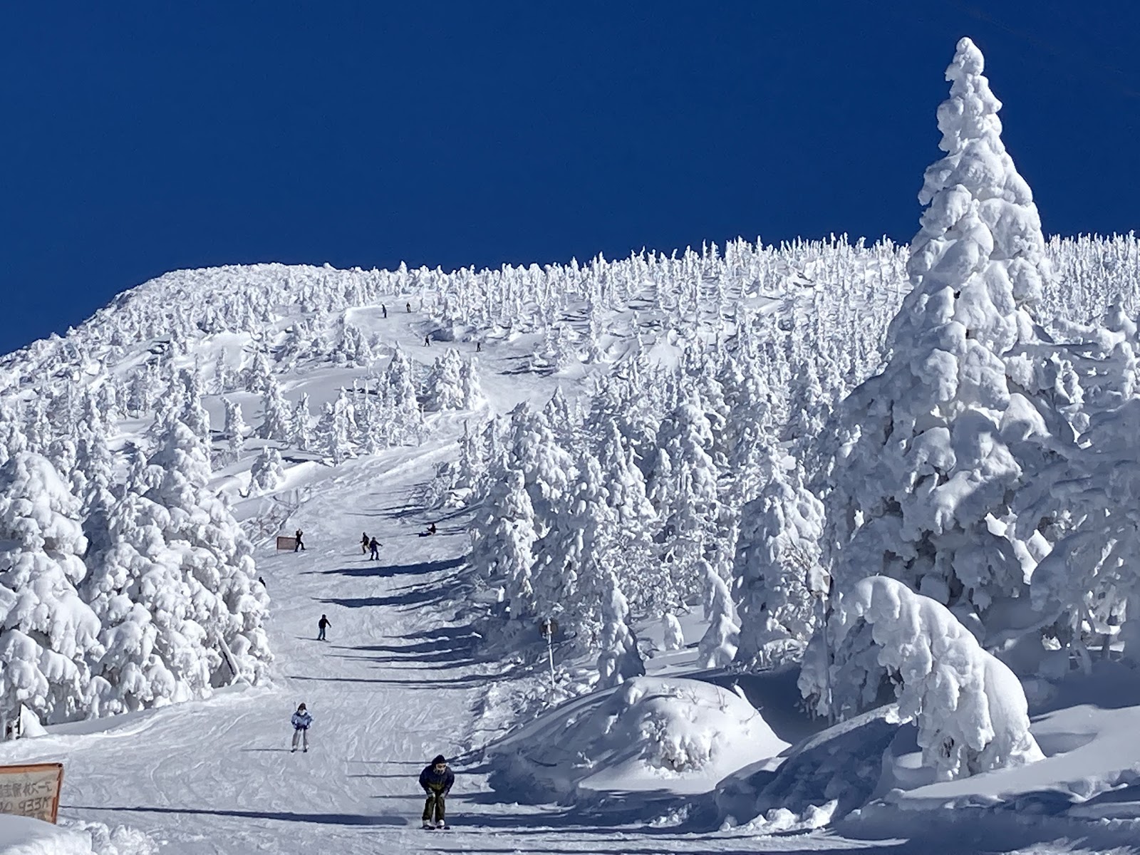 Skiers on a broad piste below the ropeway at Zao Onsen in Yamagata