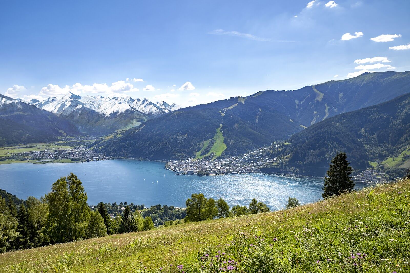 The lakeside town of Zell am See with ski slopes rising above the blue lake